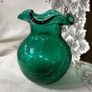 vintage Blenko hand-blown crackle glass vase in emerald green with a ruffled rim
